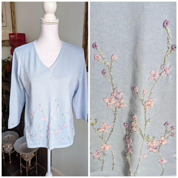 Carolyn Taylor Tops - 90s Carolyn Taylor Wmns Medium Floral Embroidery Bead Neck Knit Top Cottage 149